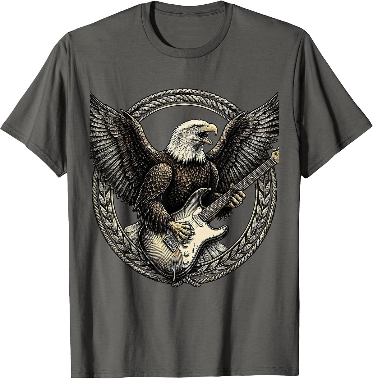 Eagle Clutching Electric Guitar Rock Band Graphic T-Shirt - Asphalt Grey