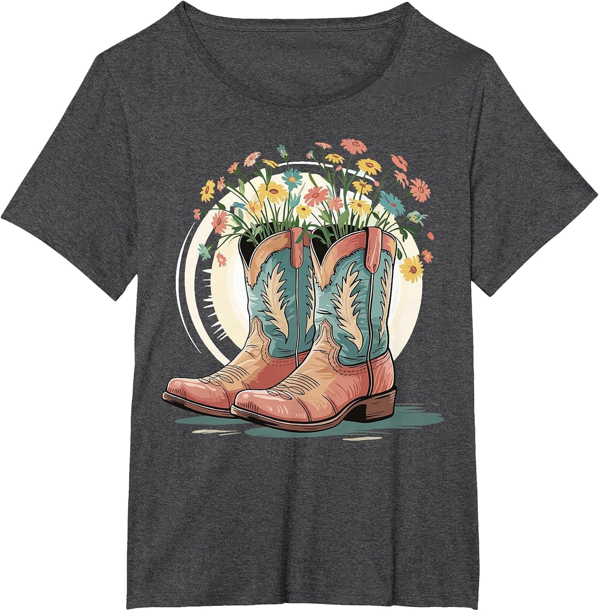 Cowboy Boots Flowers Line Dancing Western T-Shirt - Dark Heather Grey