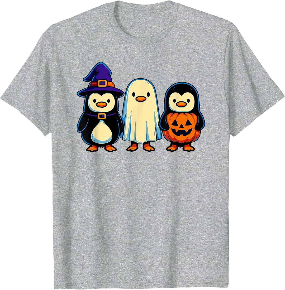 Penguin Witch Ghost Pumpkin Men Women Kids Funny Halloween T-Shirt - Heather Grey