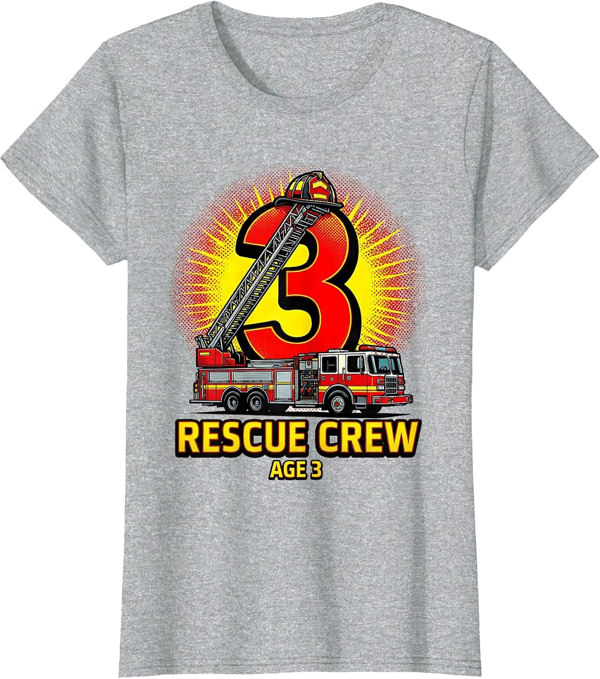 Rescue Crew Age 3 Pop Art Fire Truck Toddler Firefighter T-Shirt - Heather Grey