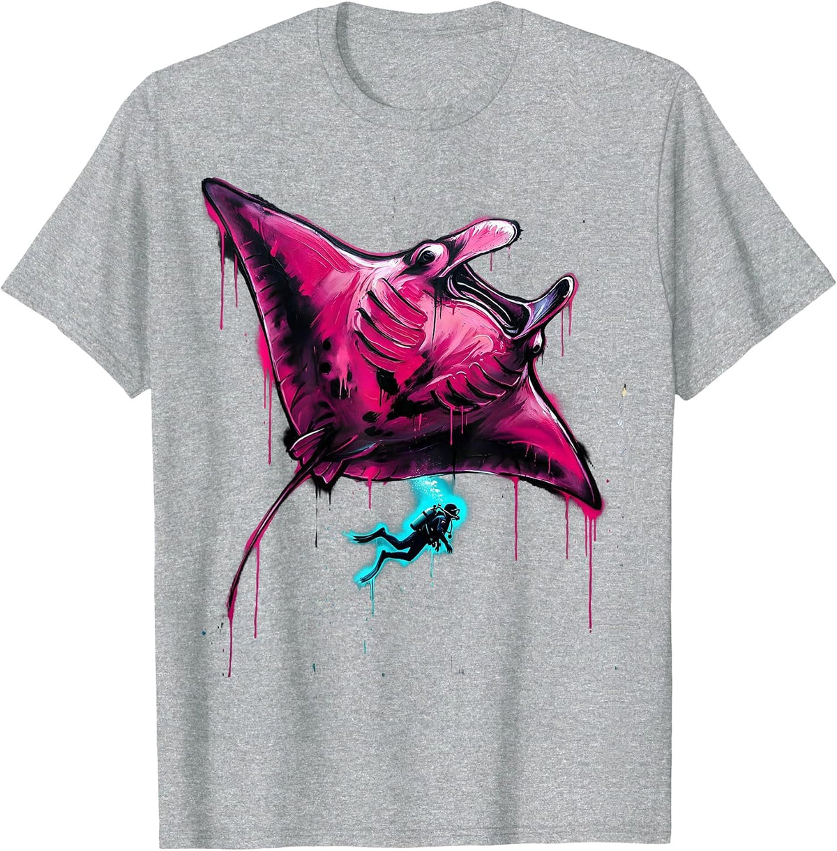 Men's Scuba Diver and Manta Ray Ocean Freedom Design T-Shirt - Heather Grey