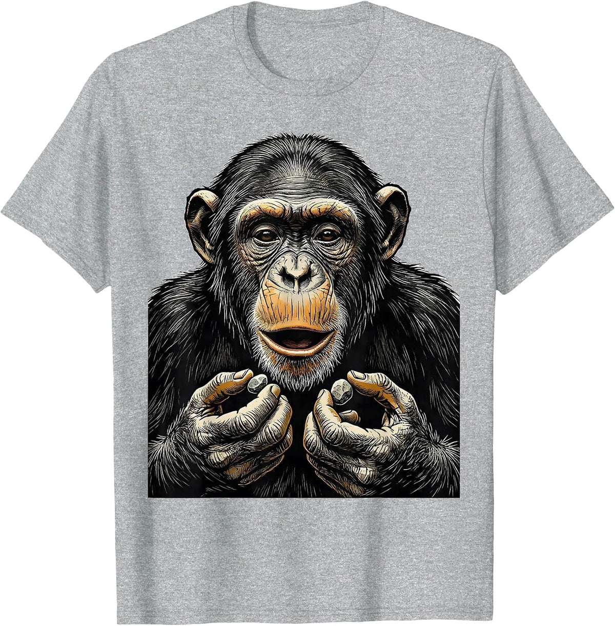 Men's Thinking Chimp Linocut Funny Monkey Meme T-Shirt - Heather Grey