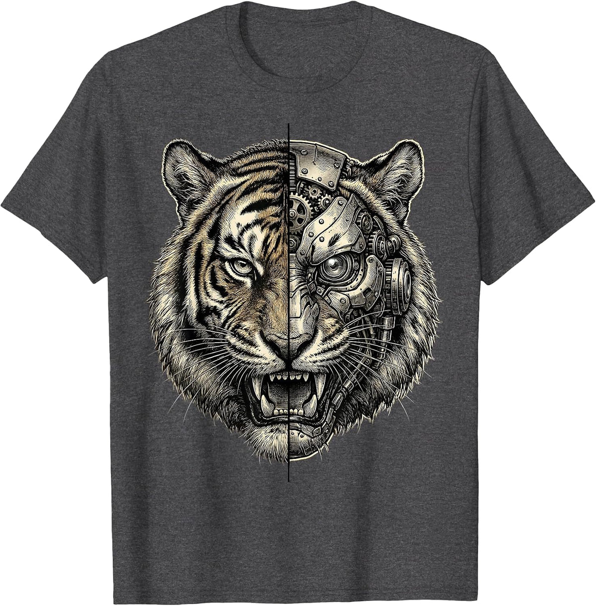 Men's Half Tiger Half Robot Mechanical Face Graphic T-Shirt - Dark Heather Grey