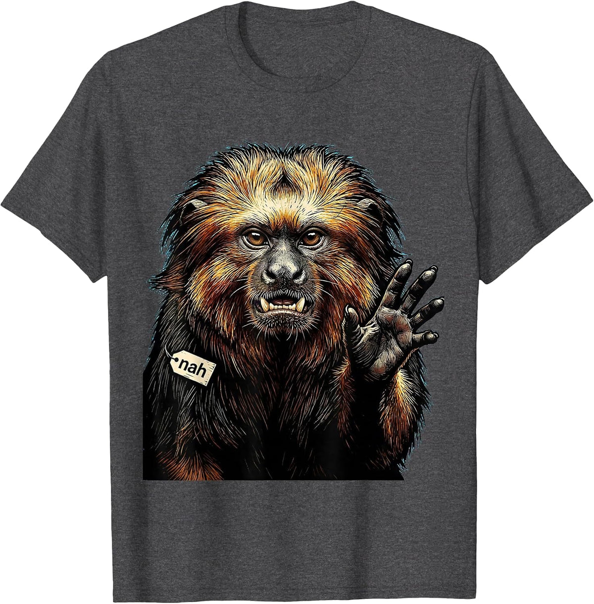 nah Funny Monkey Meme Linocut Animal Humor Casual Wear T-Shirt - Dark Heather Grey