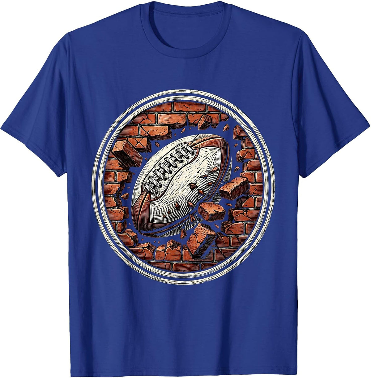 Rugby Ball Smashing Through Brick Wall Graphic T-Shirt - Royal Blue