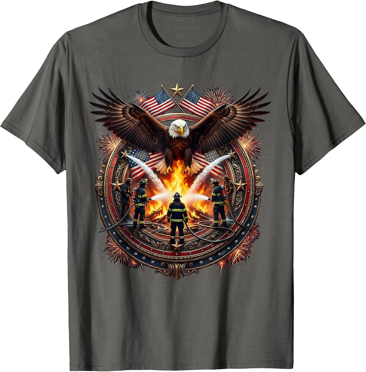Aerial View Firefighters Surrounding Blaze Graphic T-Shirt - Asphalt Grey