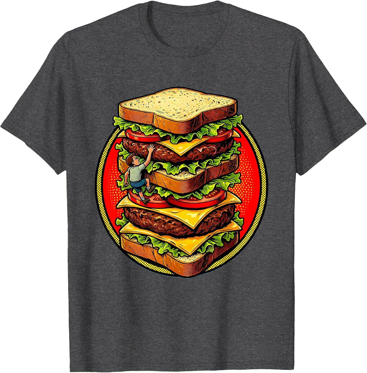 Tiny Man Climbing a Giant Stacked Sandwich T-Shirt - Dark Heather Grey