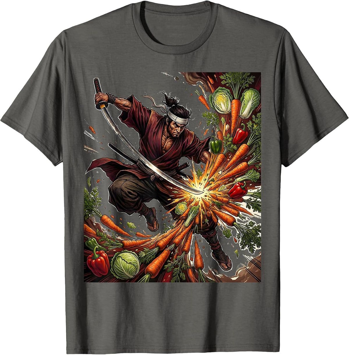 Samurai Chef Warrior Slicing Vegetables Art T-Shirt - Asphalt Grey
