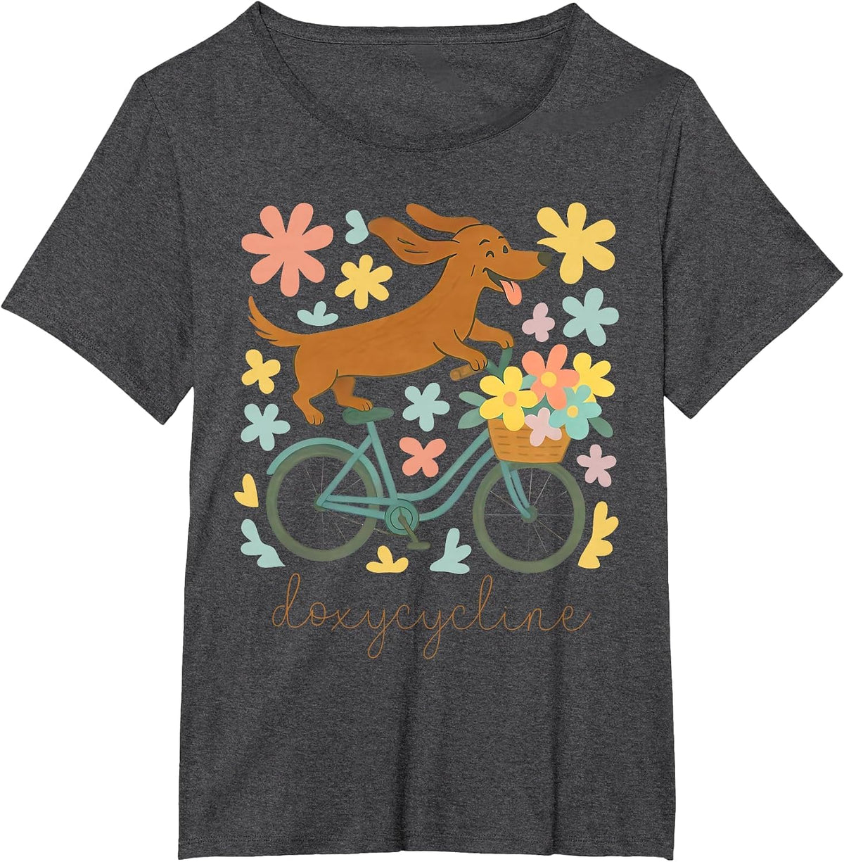 Doxycycline Pharmacy Pun Funny Dachshund on Bicycle Flower T-Shirt - Dark Heather Grey