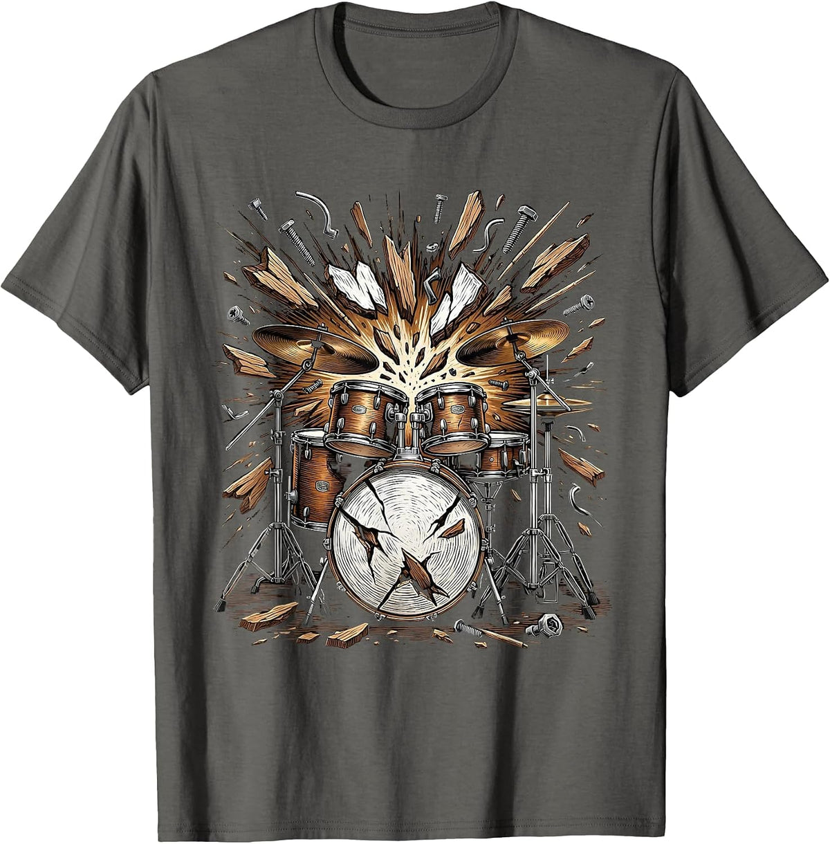 Men's Exploding Drum Kit Shattering Percussion Art T-Shirt - Asphalt Grey