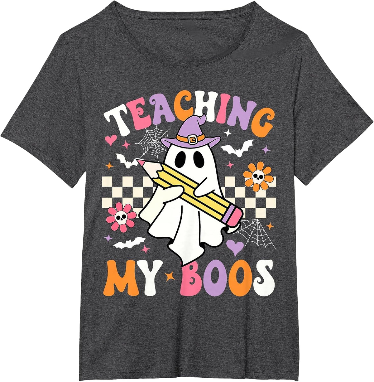 Teaching My Boos Ghost Teacher Cute Groovy Halloween Teacher T-Shirt - Dark Heather Grey