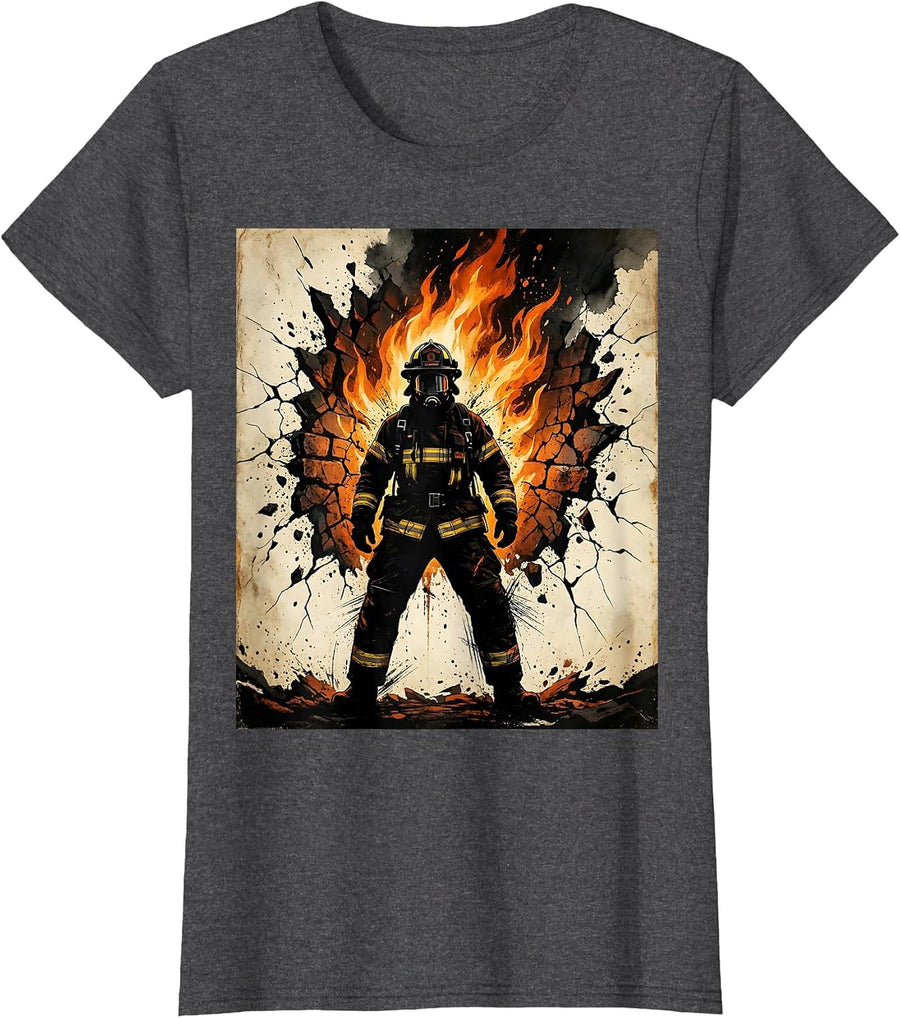 Women's Brave Firefighter Blazing Wall Graphic T-Shirt - Dark Heather Grey