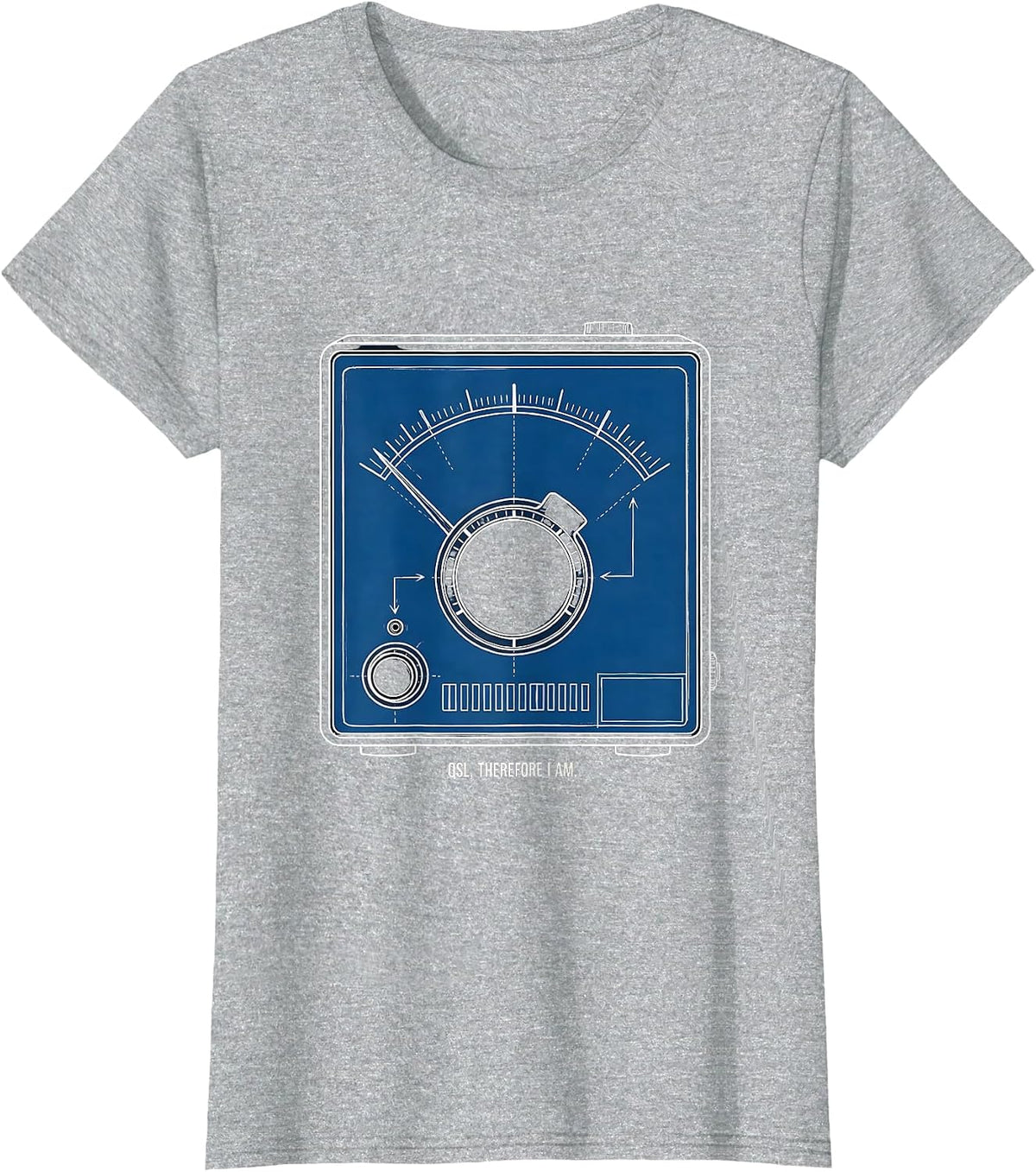 Women's QSL Therefore I Am Technical Blueprint Ham Radio Operator T-Shirt - Heather Grey