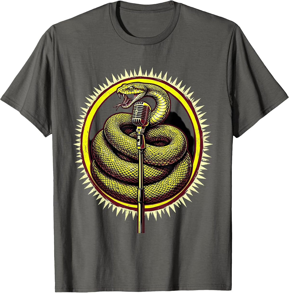 Punk Rock Snake Coiled Microphone Stand Graphic T-Shirt - Asphalt Grey
