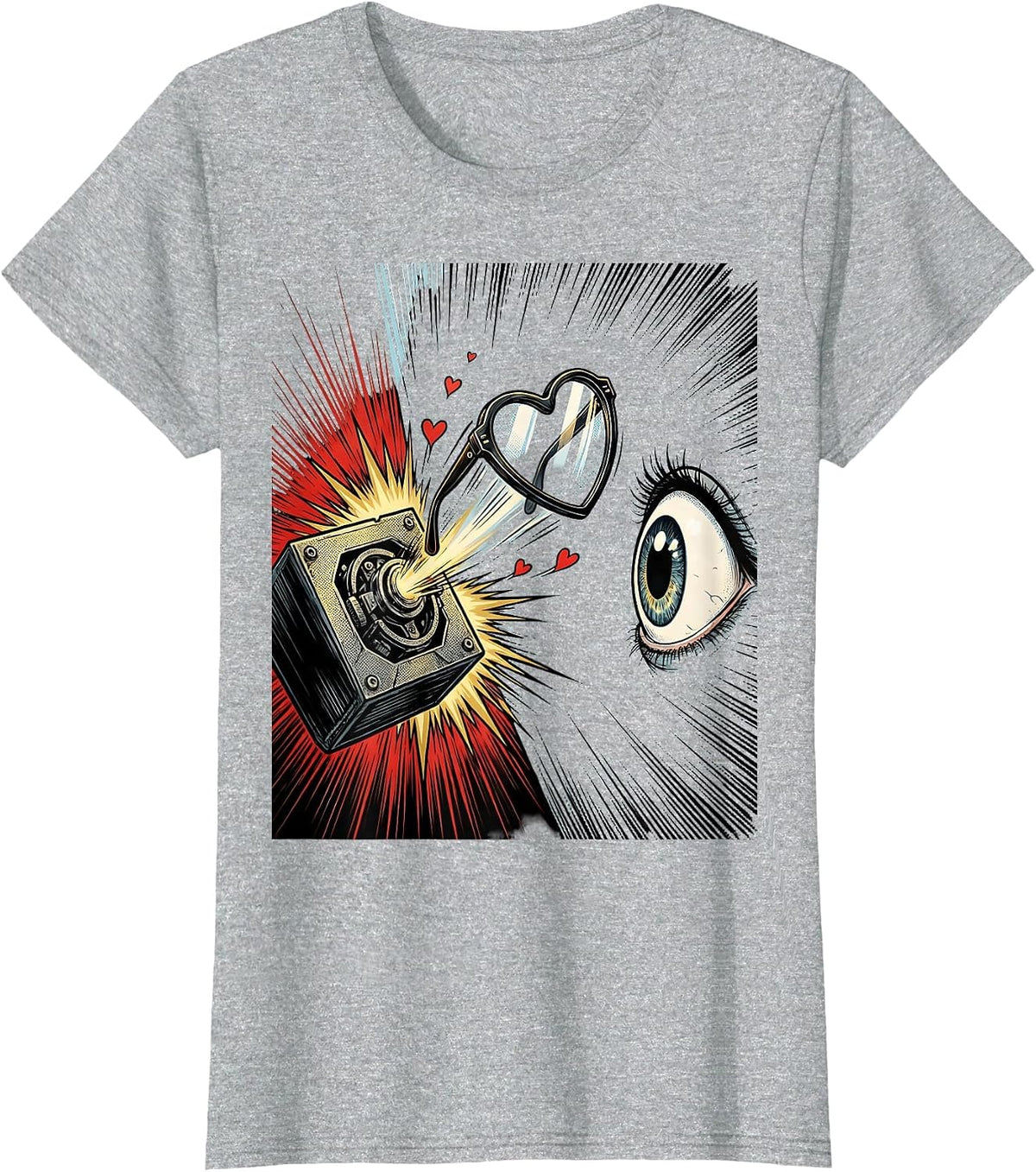 Women's Comic Lens Heart Optometrist Eye-Care Humor T-Shirt - Heather Grey