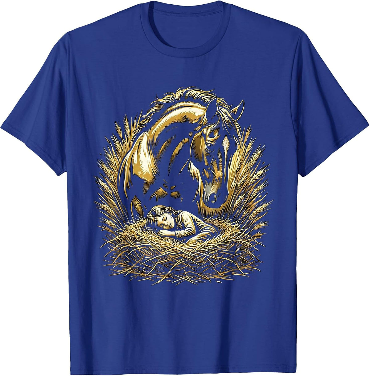 Horse Girl Sleeping in Hay Illustrated Graphic T-Shirt - Royal Blue