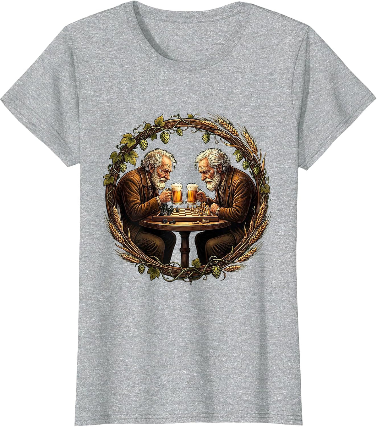 Old Friends Chess and Beer Illustration T-Shirt - Heather Grey