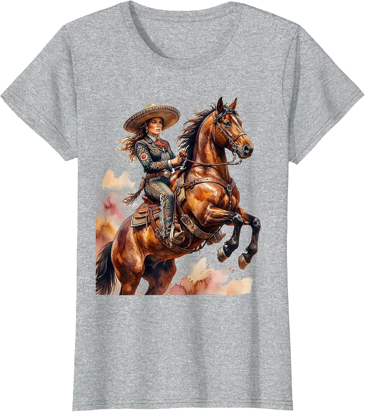 Charra Cowgirl Rearing Stallion Mexico Equestrian T-Shirt - Heather Grey