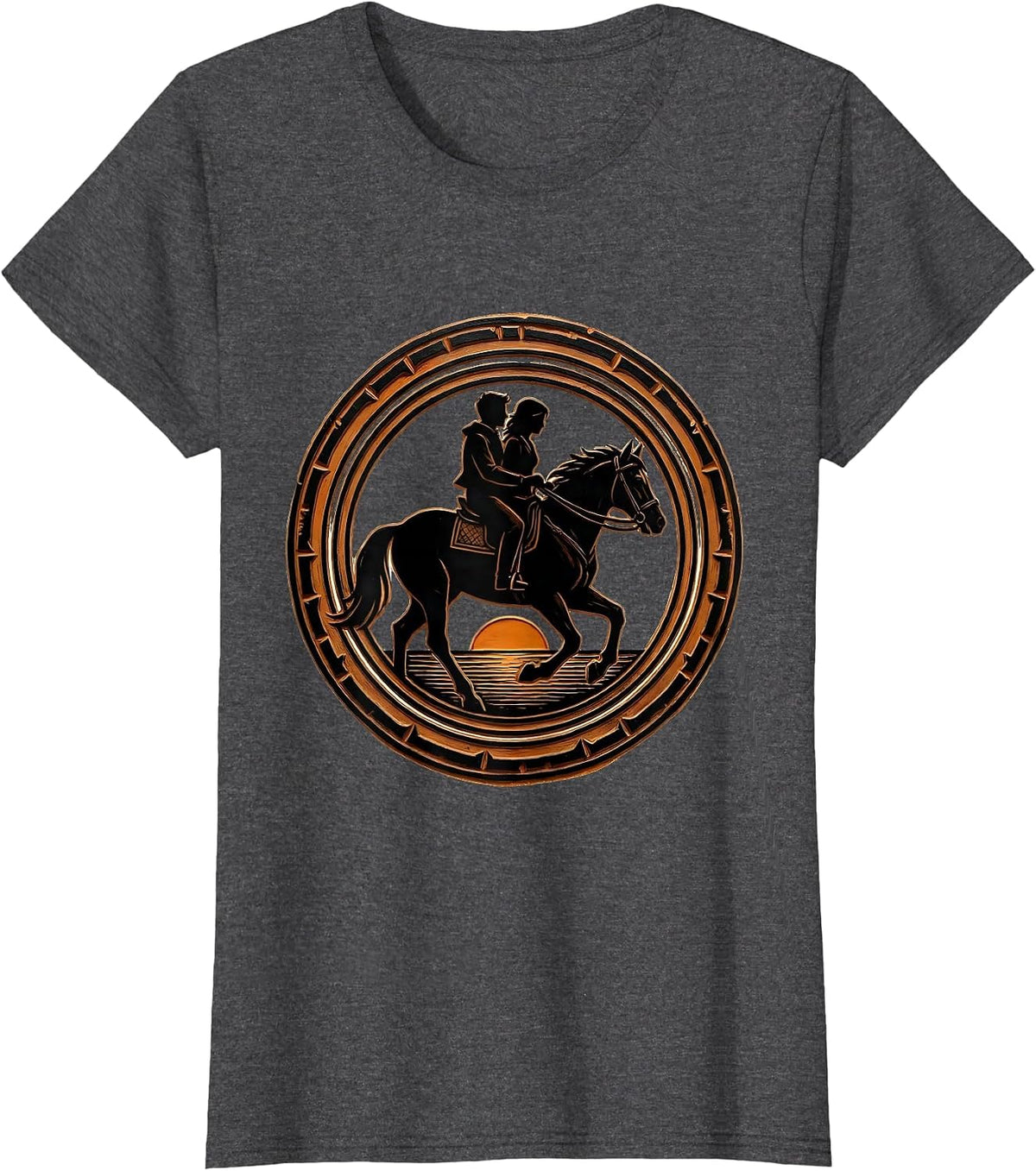 Women's Silhouette Couple on Horseback at Dusk Design T-Shirt - Dark Heather Grey