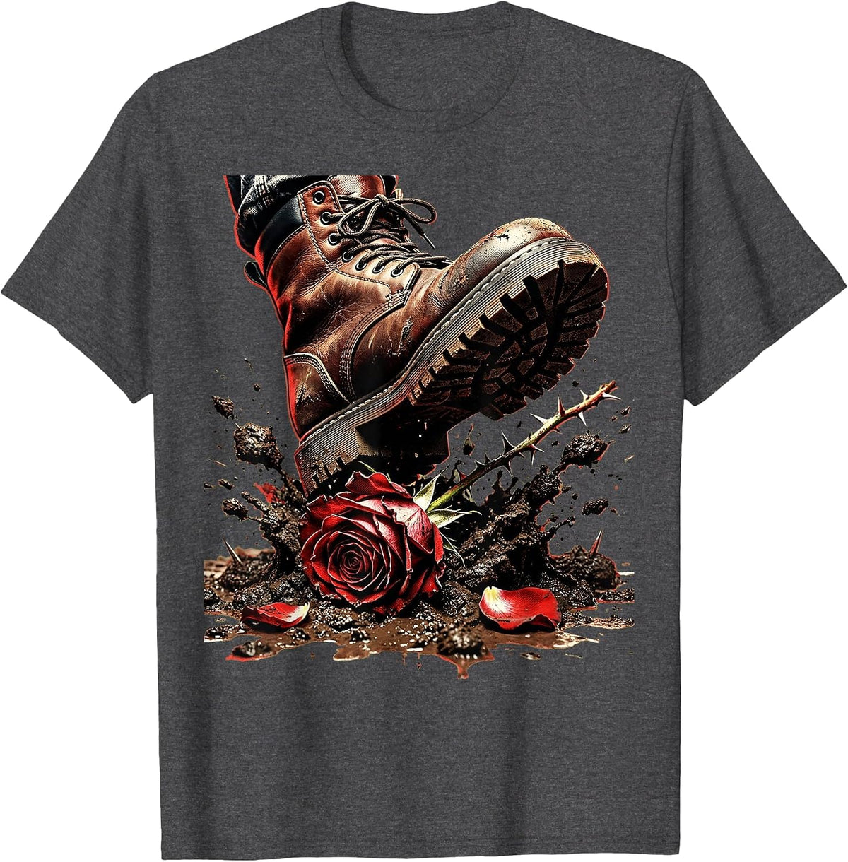 Punk Boot Stomping Rose in Mud Graphic T-Shirt - Dark Heather Grey