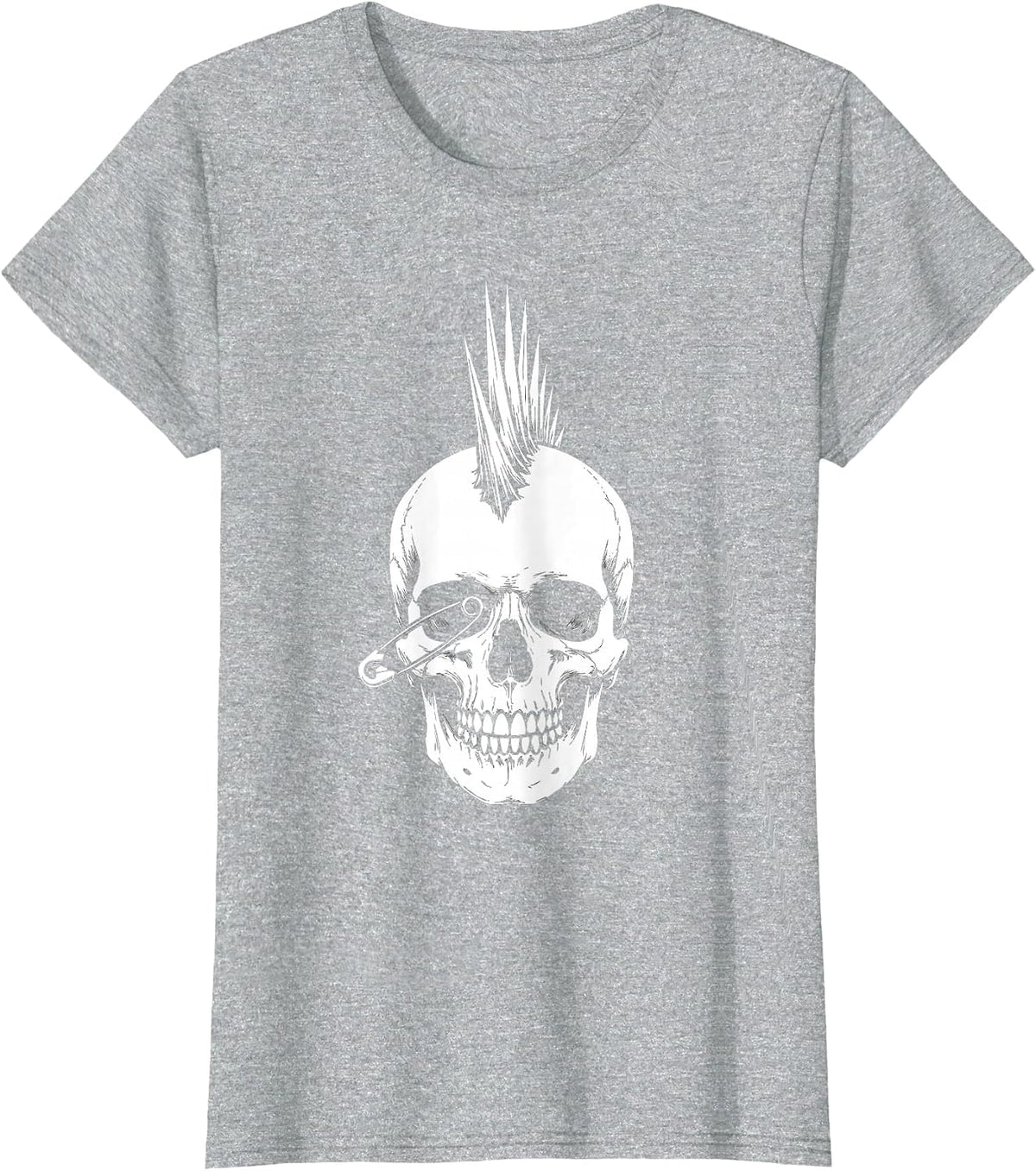 Mohawk Skull Safety Pin Punk Rock Graphic T-Shirt - Heather Grey