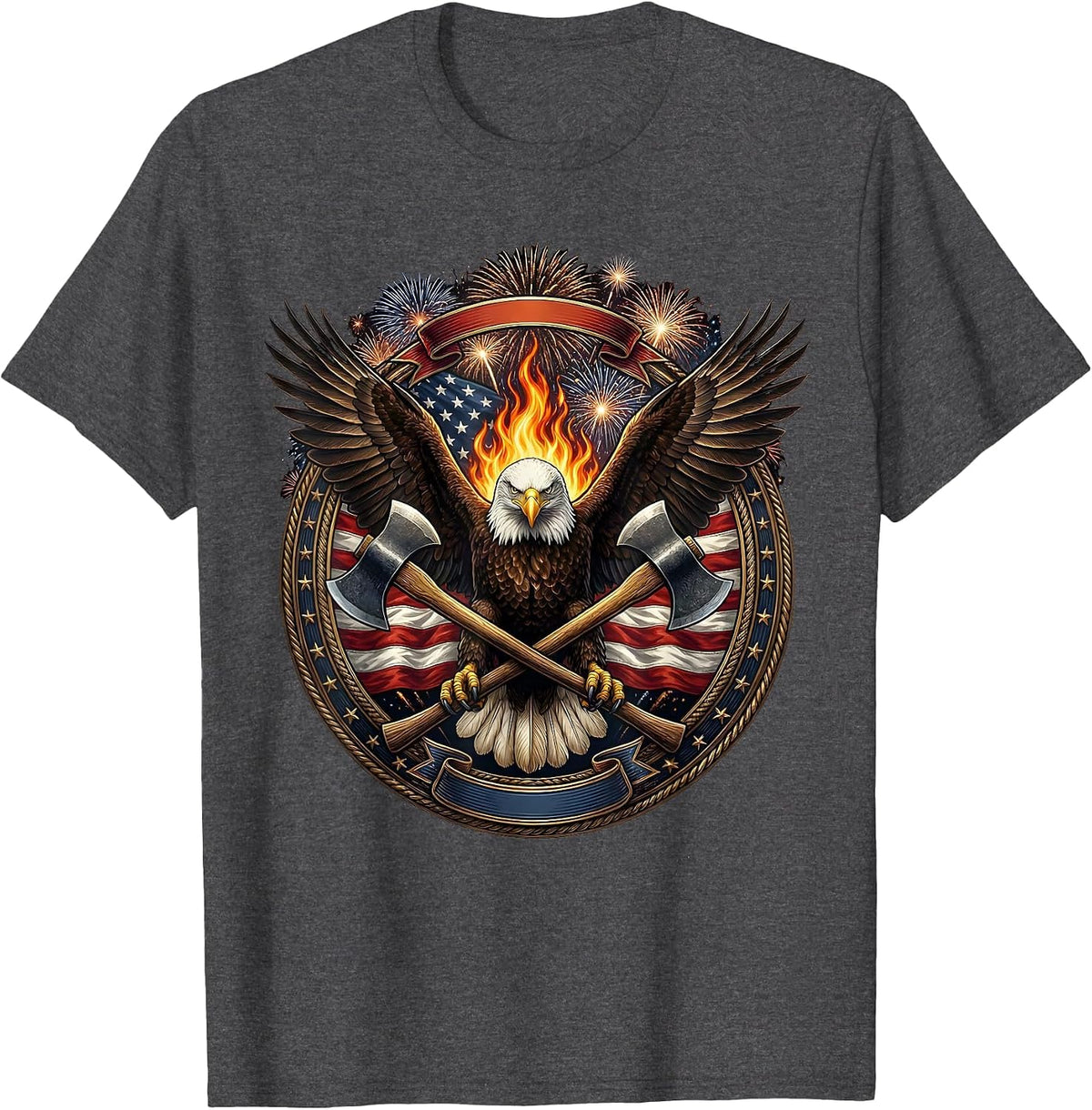 Crossed Axes Over Flame Firefighter Graphic T-Shirt - Dark Heather Grey