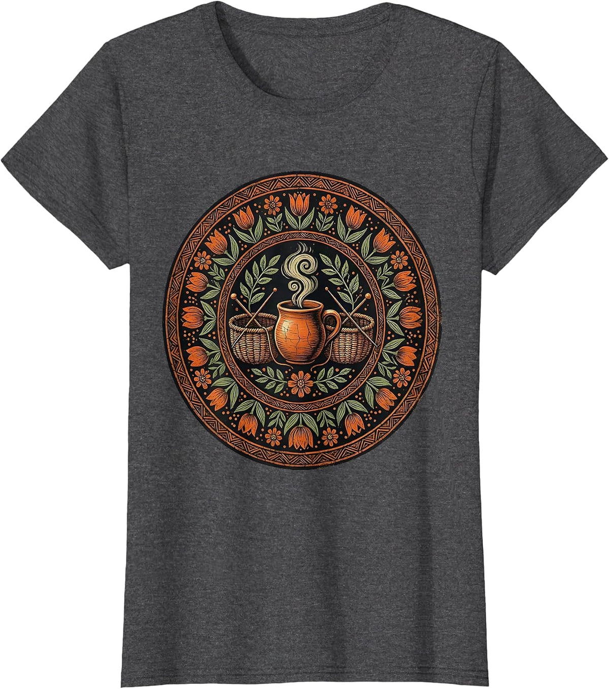 Women's Cozy Tea and Knitting Basket Mom Graphic T-Shirt - Dark Heather Grey