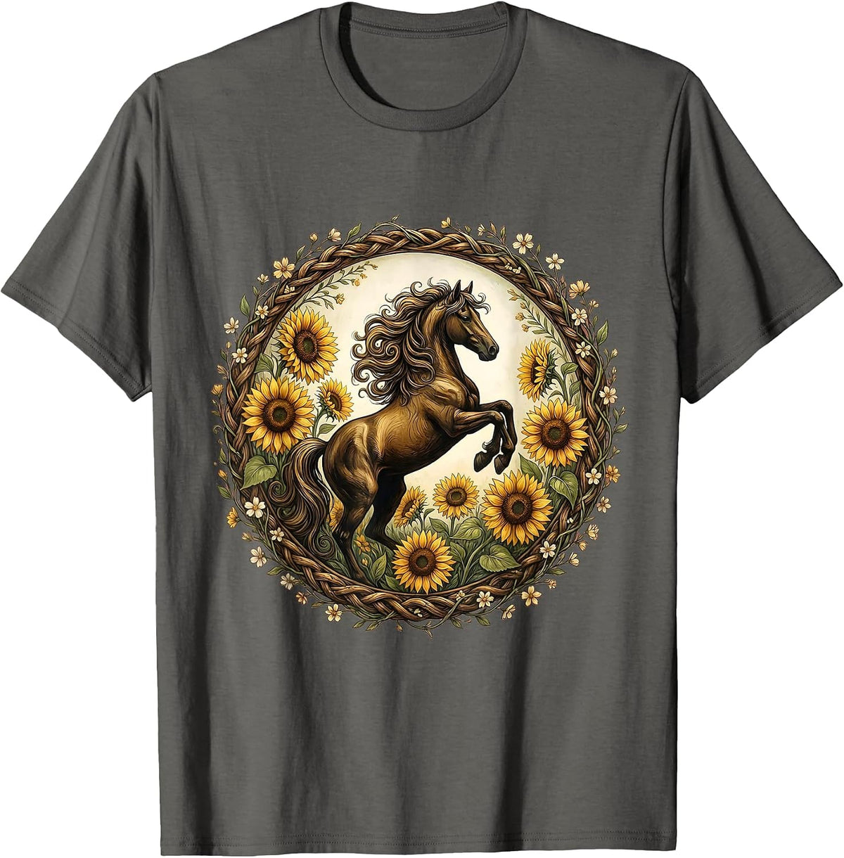 Floral Derby Rearing Stallion Sunflower Design T-Shirt - Asphalt Grey