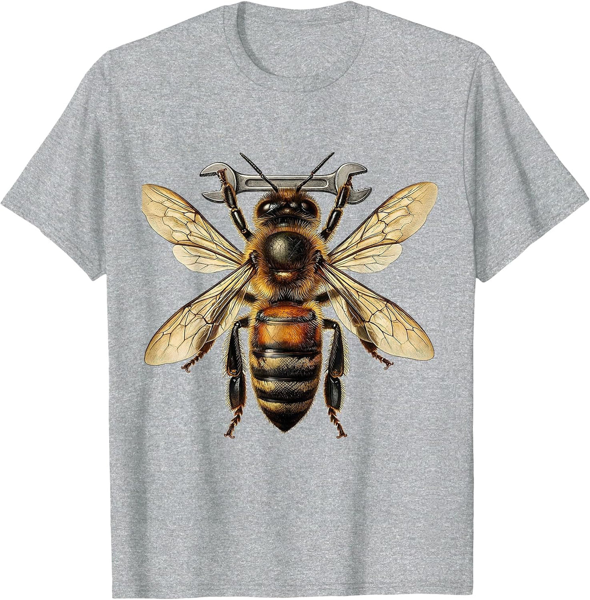 Men's Bee Mechanic Holding Wrench Funny Bug Art T-Shirt - Heather Grey