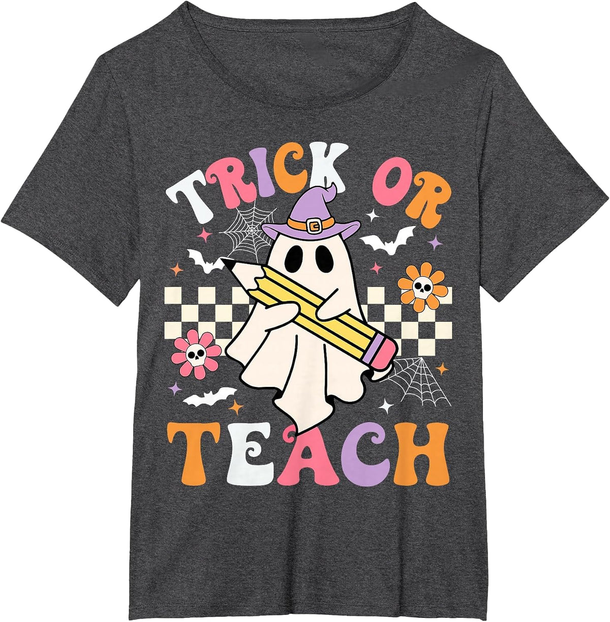 Trick Or Teach Groovy Teacher Halloween Retro Teacher Ghost T-Shirt - Dark Heather Grey