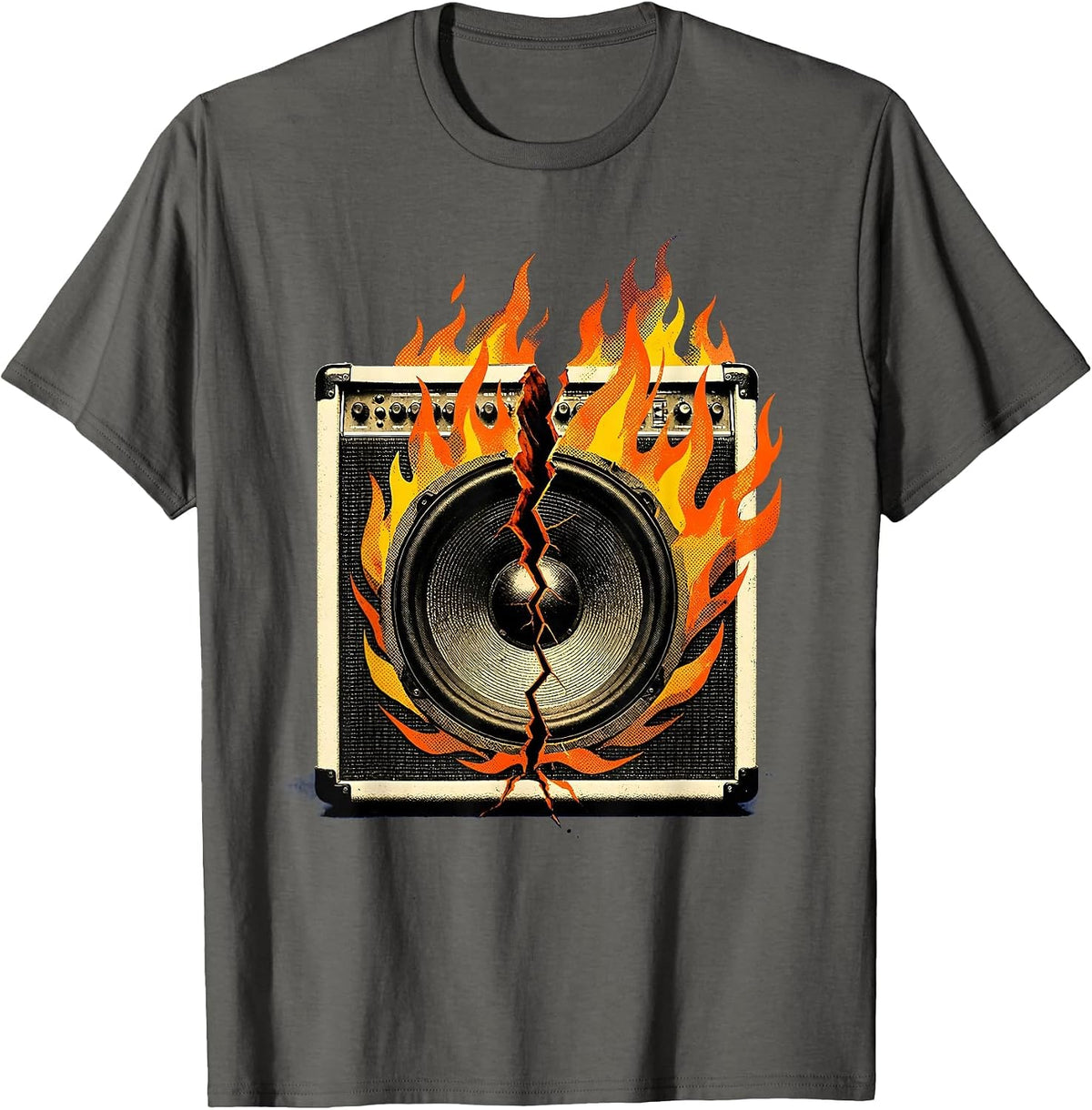 Punk Rock Cracked Amp Flames Graphic Tee T-Shirt - Asphalt Grey