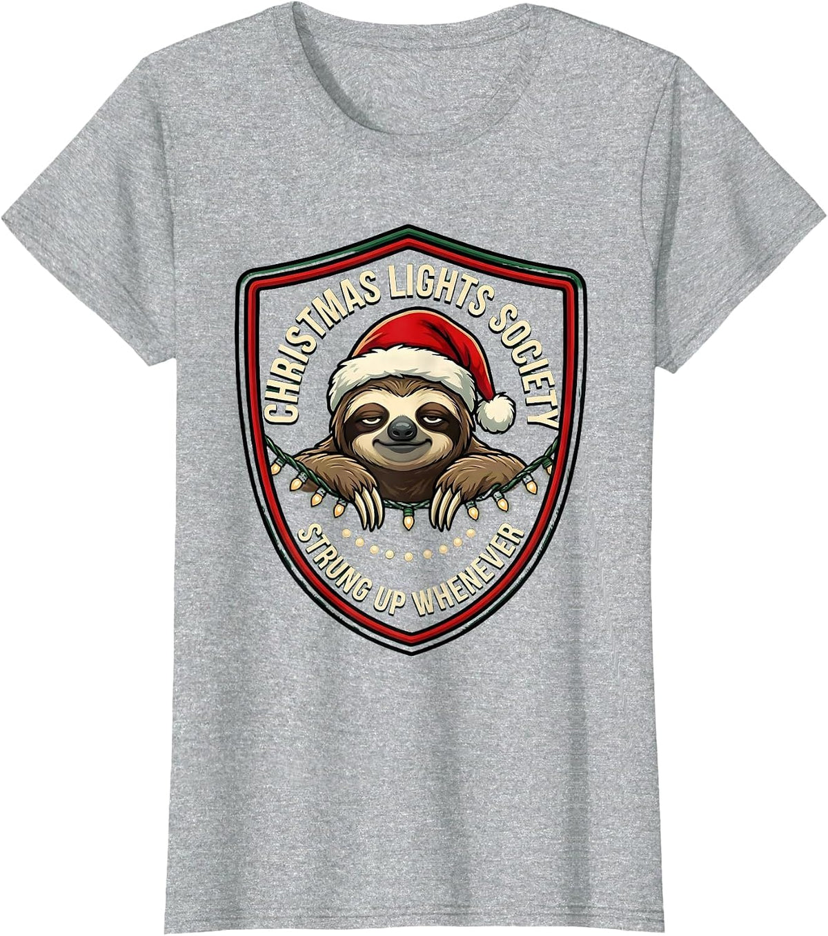 Christmas Lights Society, Strung Up Whenever Funny Sloth T-Shirt - Heather Grey