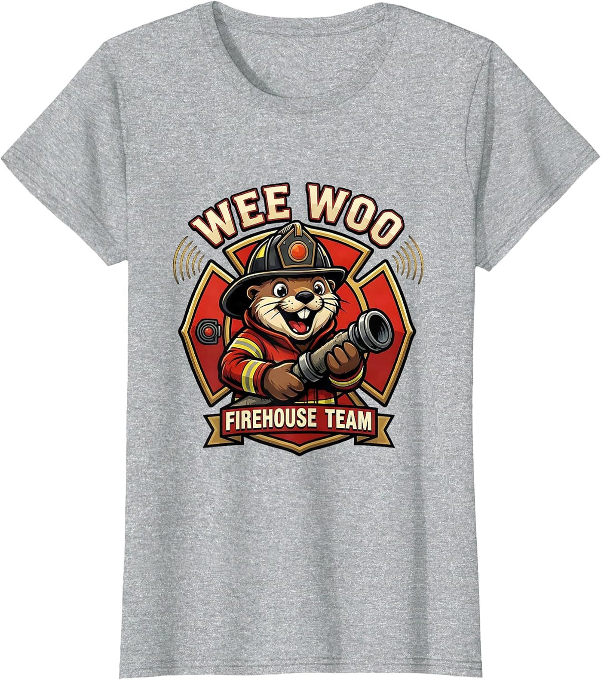 Wee Woo Firehouse Team Funny Firefighter Mascot Otter Logo T-Shirt - Heather Grey