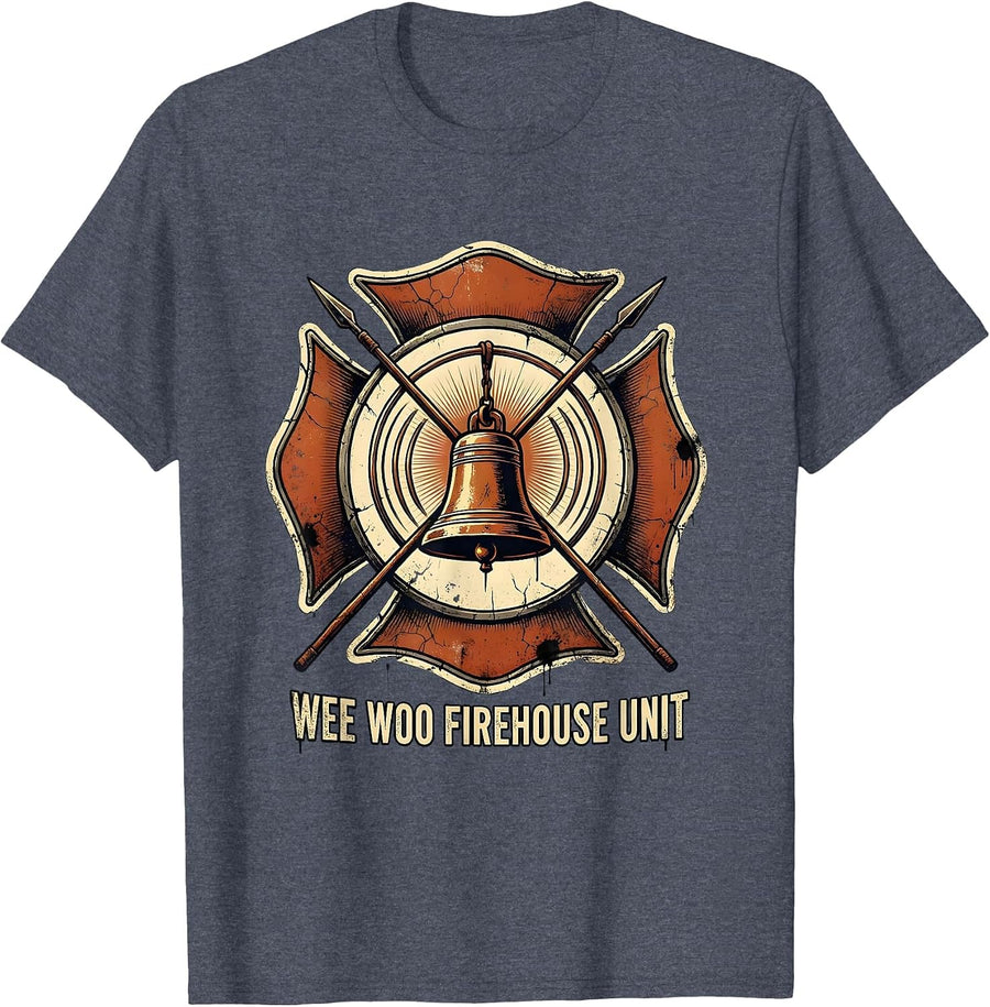Wee Woo Firehouse Unit Distressed Firefighter Badge Humor T-Shirt - Heather Blue