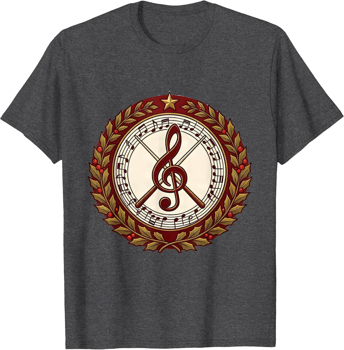 Men's Music Note Christmas Teacher Musical Teacher Emblem T-Shirt - Dark Heather Grey