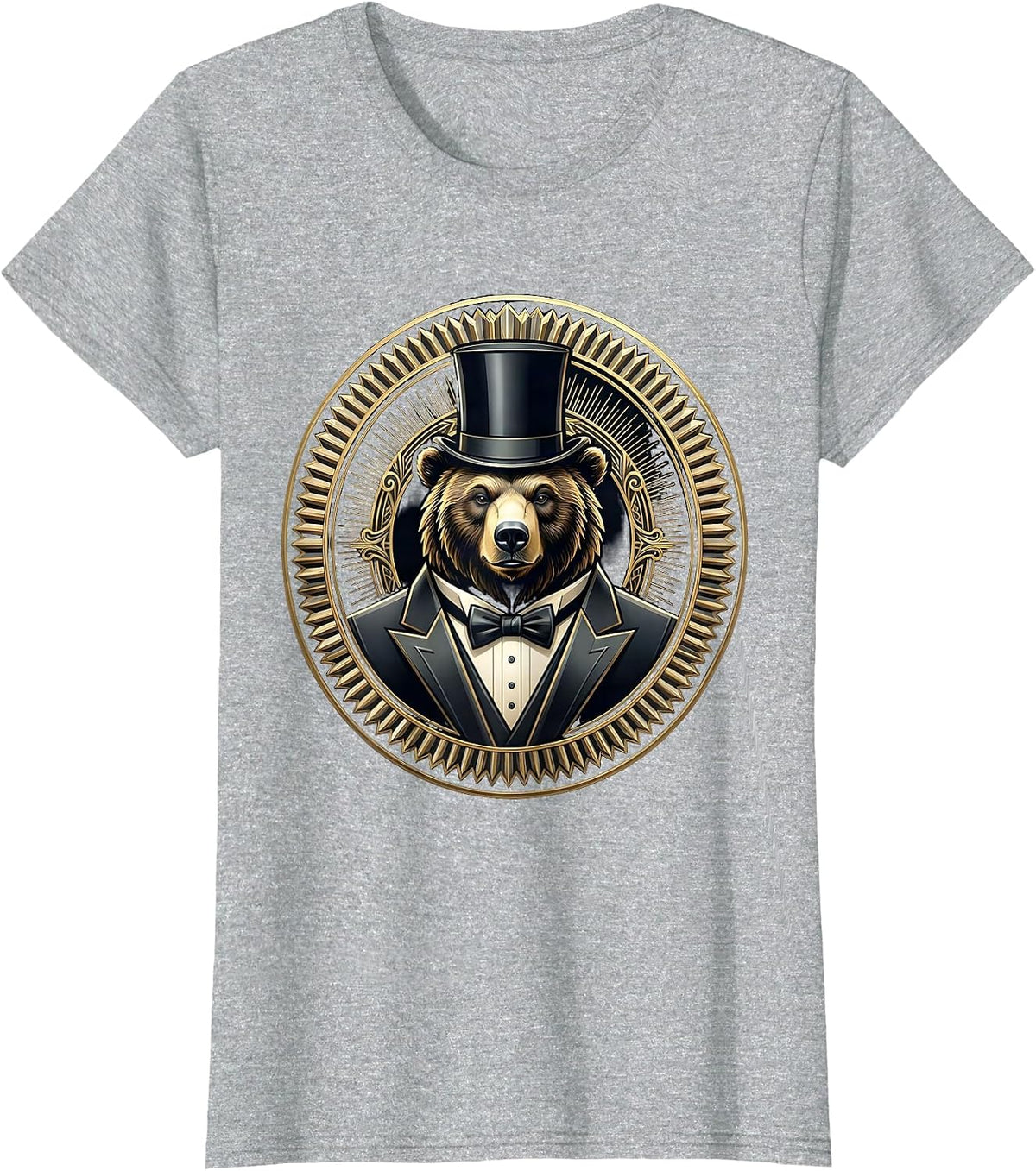 Dapper Bear in Tuxedo and Top Hat Illustration T-Shirt - Heather Grey