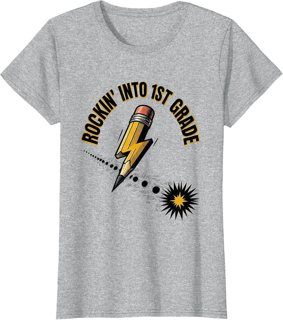 Rockin Into 1st Grade Playful Pencil Rock Music Parody Back T-Shirt - Heather Grey