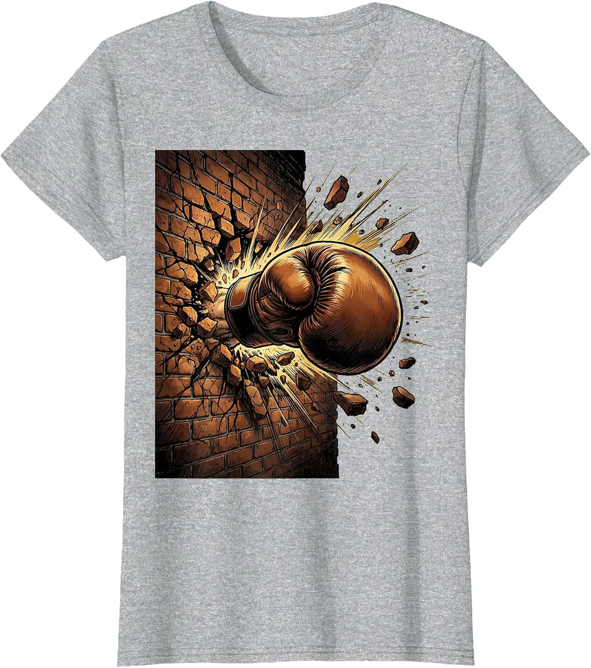 Boxing Fist Shattering Brick Wall Graphic T-Shirt - Heather Grey
