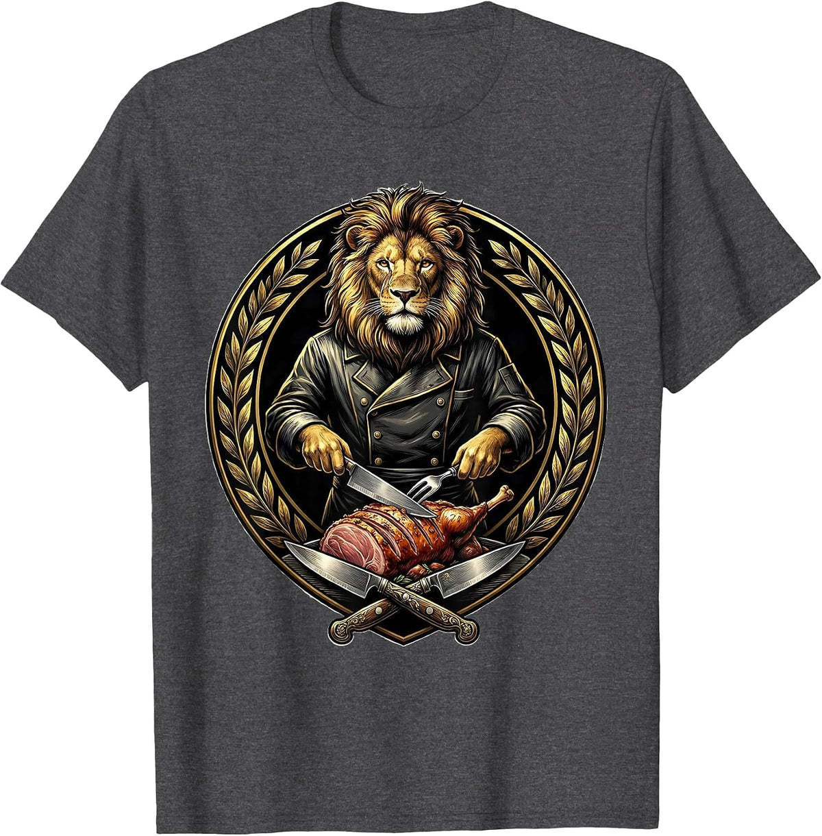 Lion Chef Carving Roast Culinary Art Design T-Shirt - Dark Heather Grey