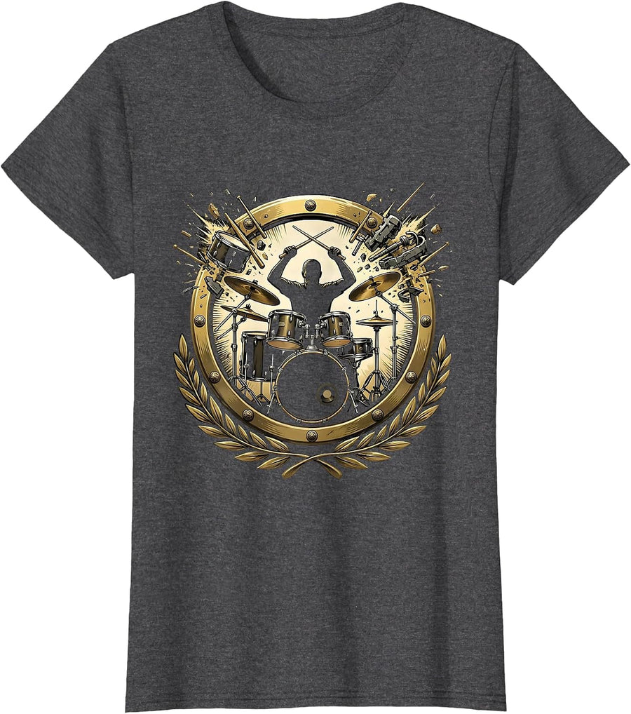 Women's Exploding Drum Kit Rock Band Drummer Illustration T-Shirt - Dark Heather Grey