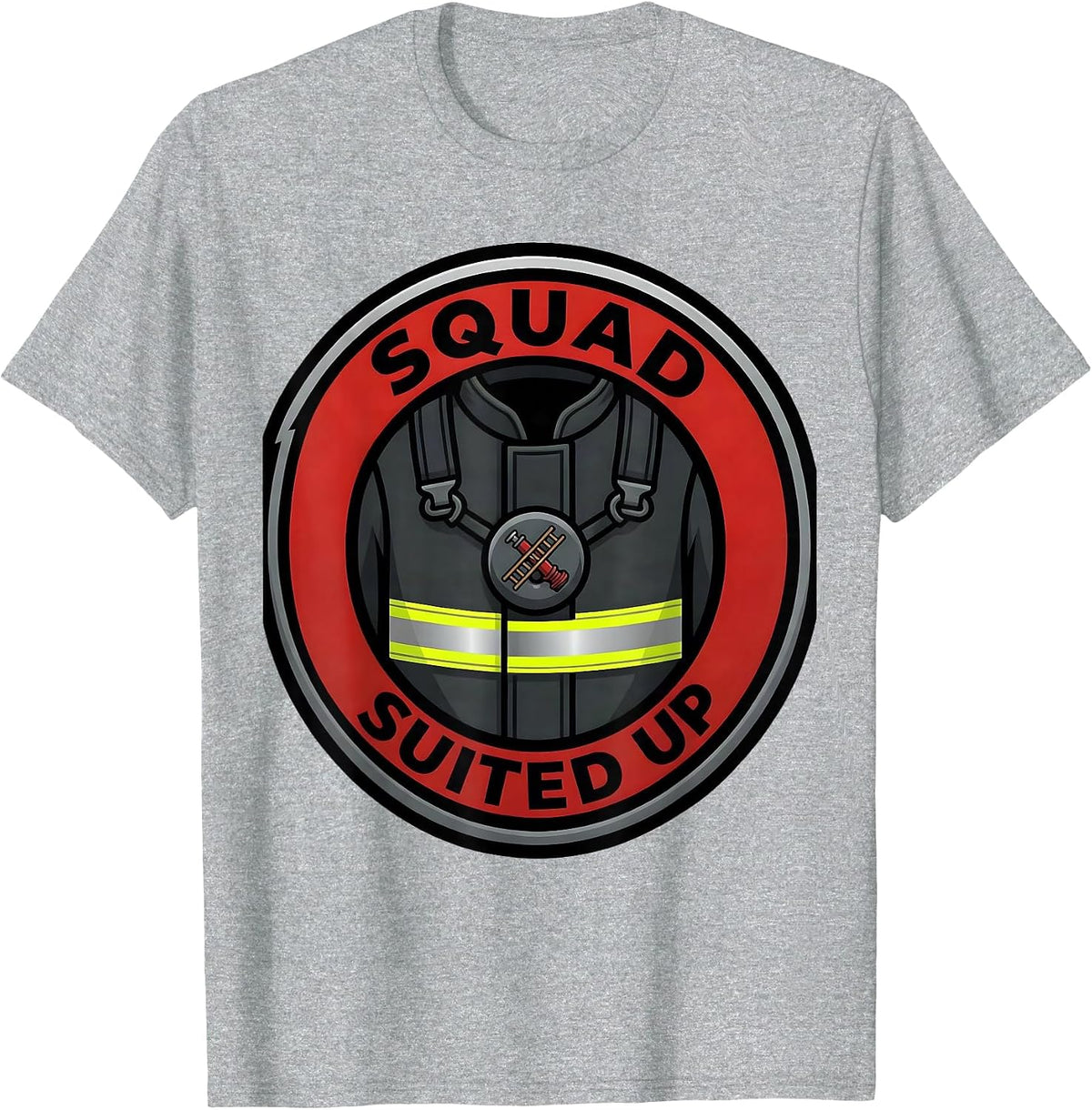 Men's SQUAD SUITED UP Funny Firefighter Badge Fireman Humor T-Shirt - Heather Grey