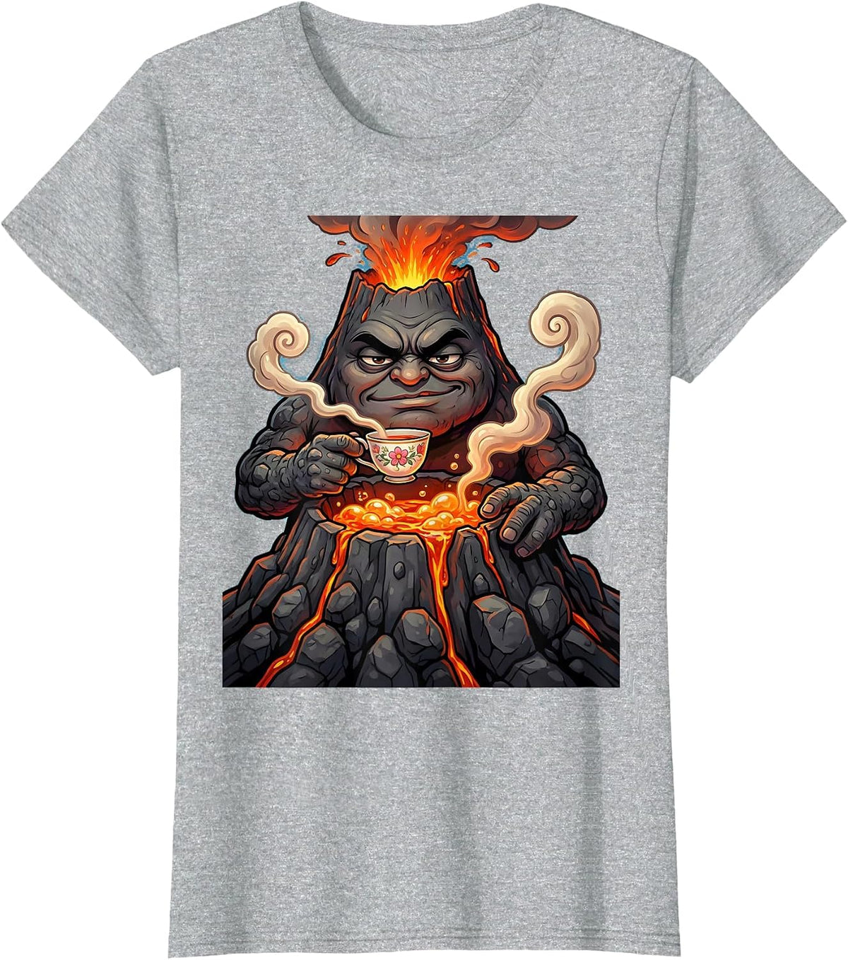 Volcano Tea Time Funny Chill Volcanic Illustration T-Shirt - Heather Grey