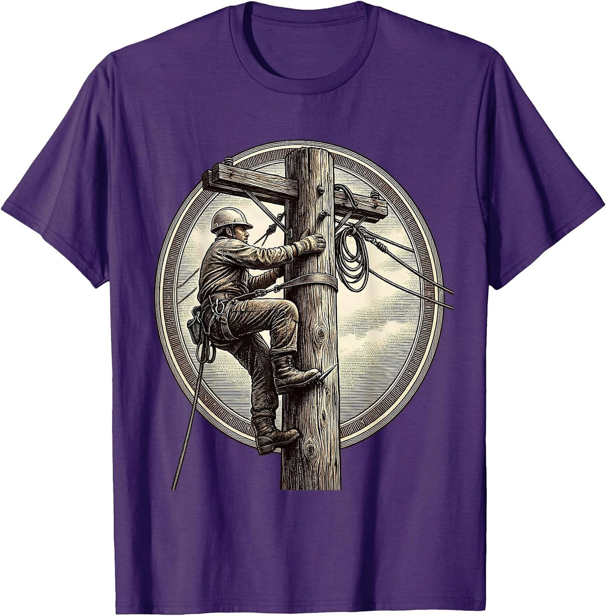 Electrician Climbing Utility Pole Graphic Tee T-Shirt - Purple