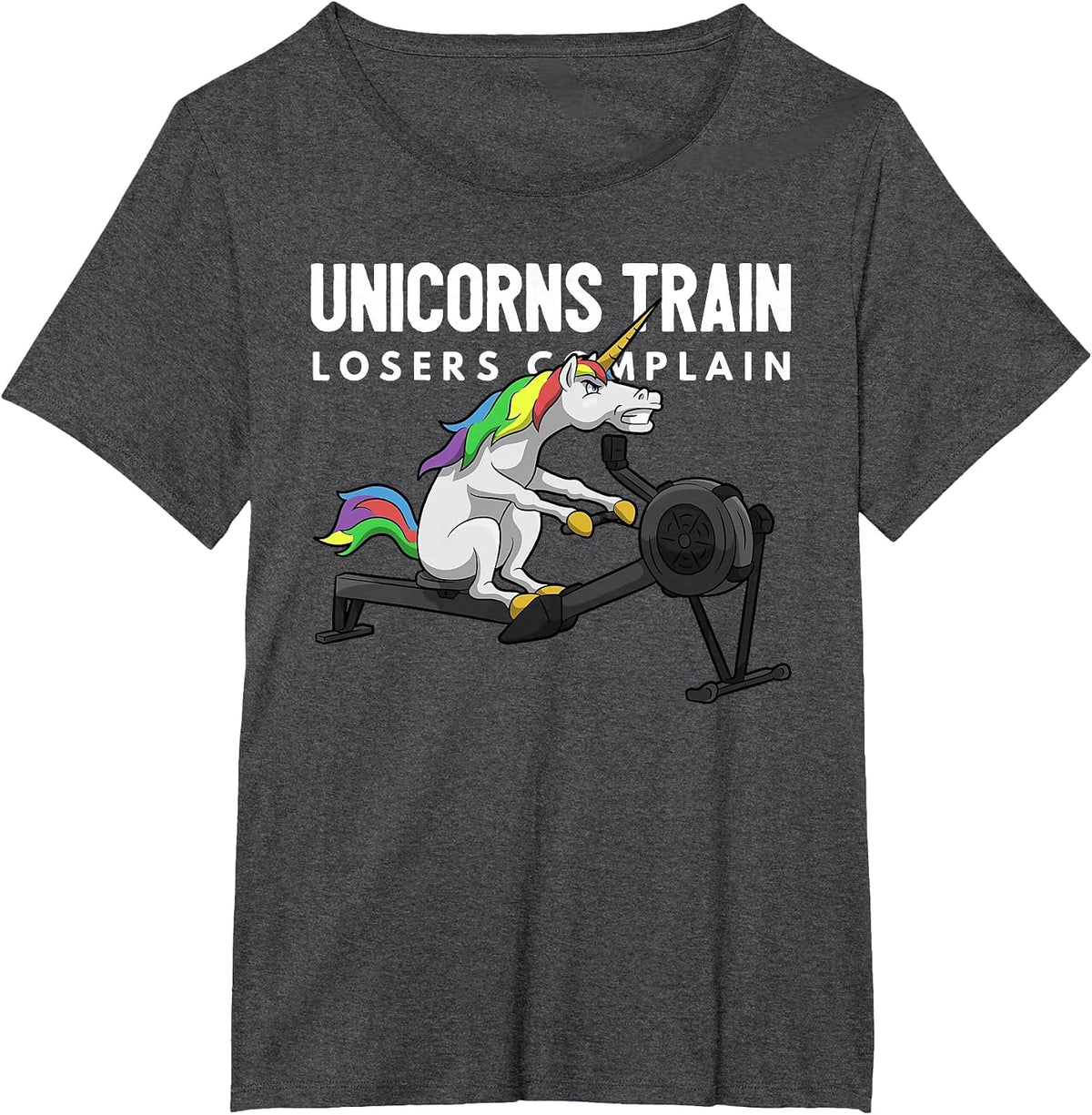 Funny Unicorn Gym T-Shirt - Unicorns Train Losers Complain - Dark Heather Grey