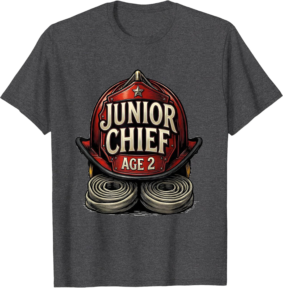 Junior Chief Age 2 Fire Truck Firefighter Birthday Party Boy T-Shirt - Dark Heather Grey