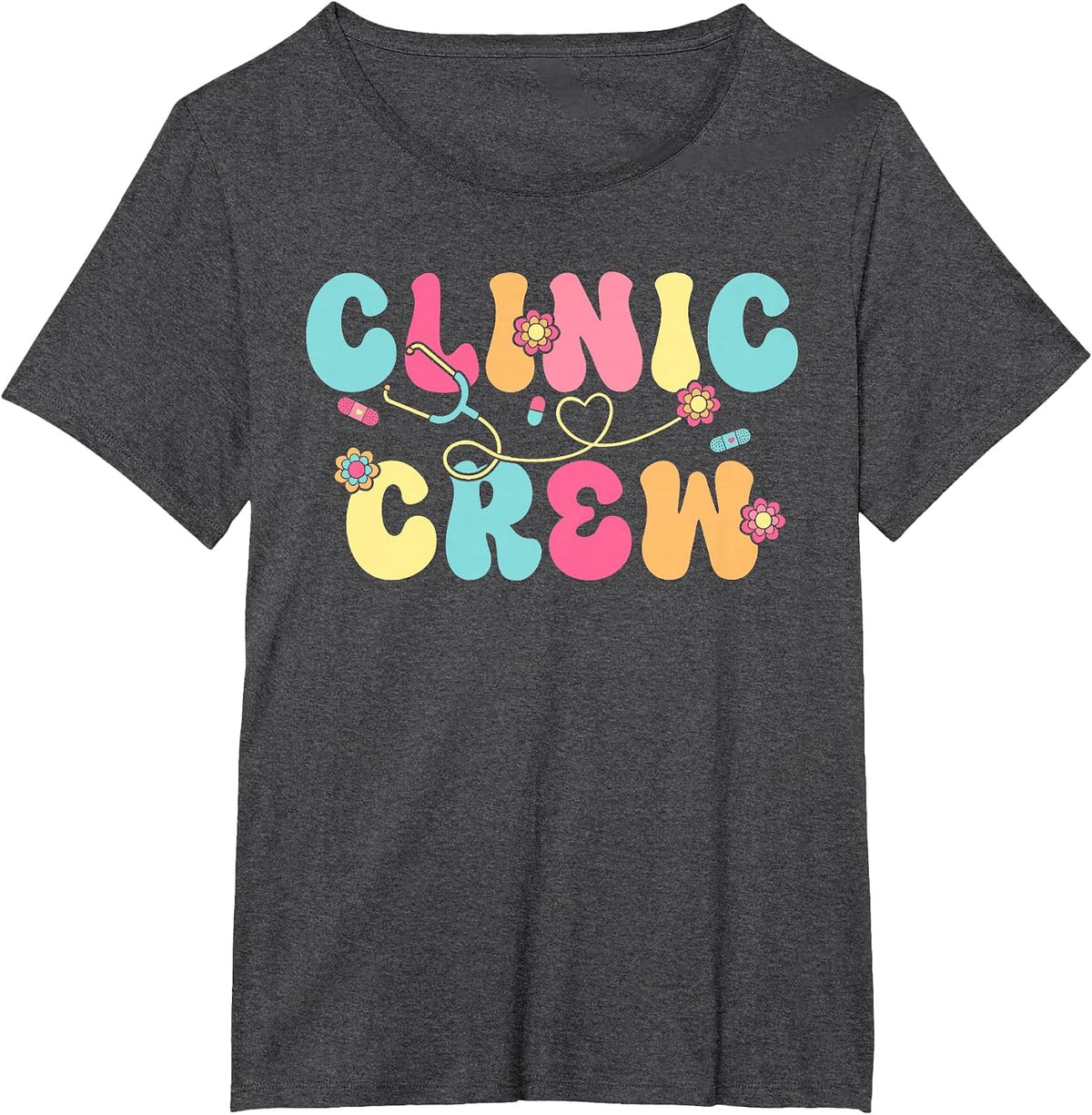 Clinic Crew for School Nurse Groovy (On Back) T-Shirt - Dark Heather Grey