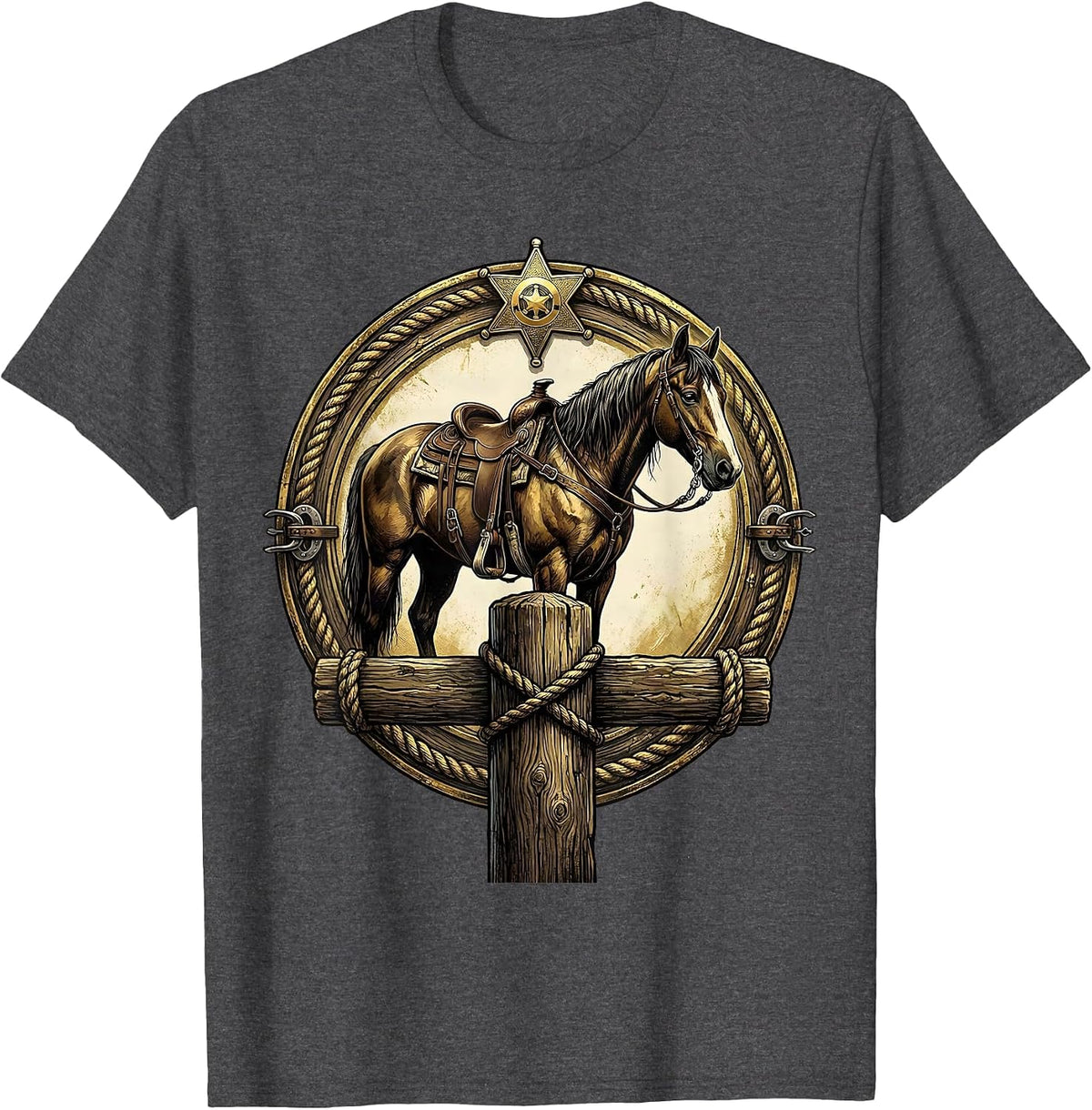 Saddled Horse Tied to Saloon Post Western Art T-Shirt - Dark Heather Grey
