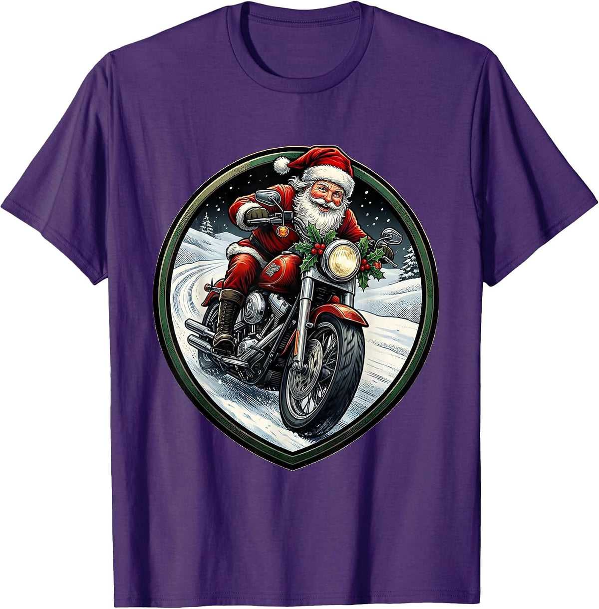 Men's Cheerful Santa Biker Motorcycle Rider Emblem Ugly Christmas T-Shirt - Purple