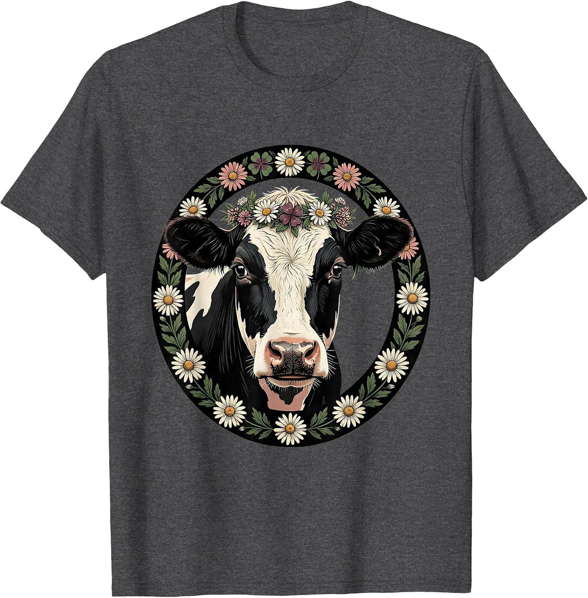 Cute Cow Face Flower Crown Graphic T-Shirt - Dark Heather Grey
