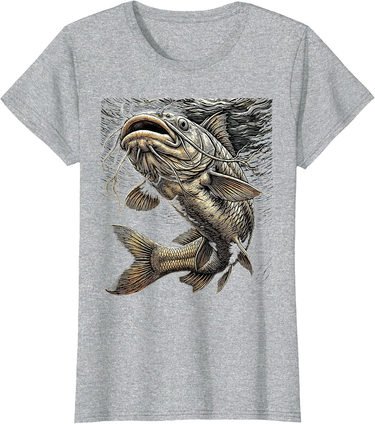 Women's Catfish Dark Depths Lurking Giant Fishing Graphic T-Shirt - Heather Grey
